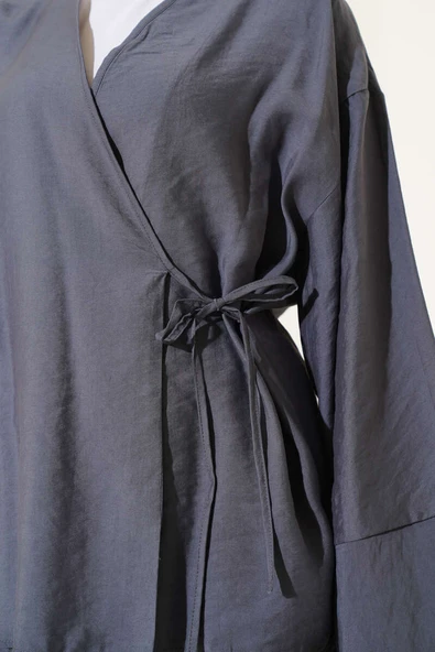 Yandan İp Bağcıklı Kimono İkili Takım Fume - Resim 4