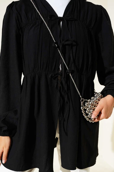 Önü Büzgülü Bilekleri Lastikli Kimono Siyah - Resim 4