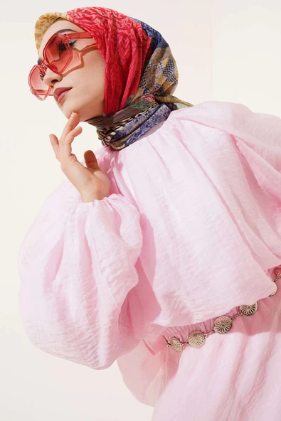 Çiçekli Karışık Desenli Eşarp Gül Kurusu - Resim 2