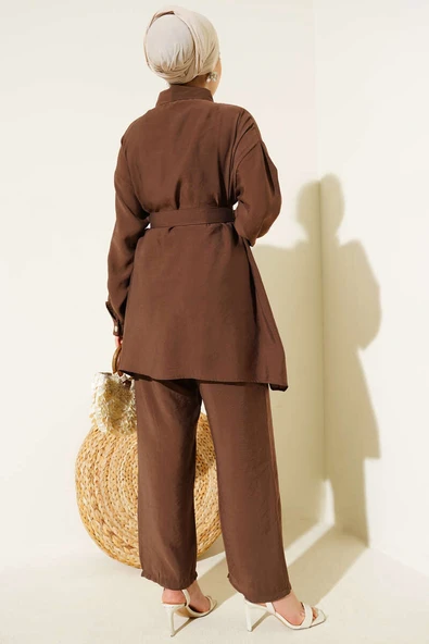 Metal Düğmeli Kemerli İkili Takım Kahve - Resim 3