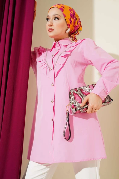 Önü Fırfır Taş Şerit Geçişli Düğmeli Gömlek Pembe ürün görseli 1