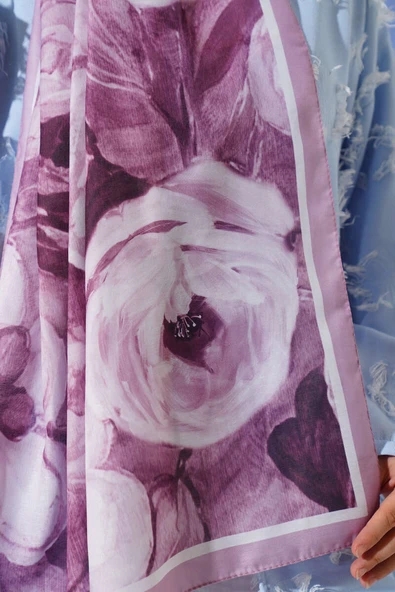 Gül Şerit Geçişli Şal Pudra - Resim 4