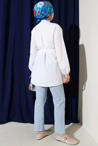 Brit Düğmeli Nervürlü Tunik Beyaz - Resim 3