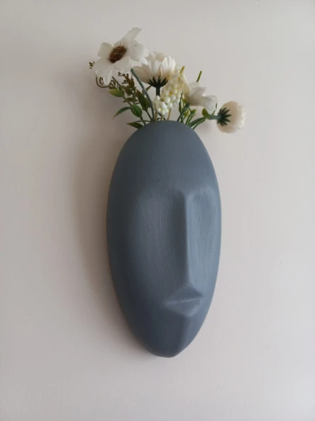 Dekoratif Maske Duvar Vazosu, Duvar Dekoru ,Heykel Duvar Süsü, Gri - Resim 2