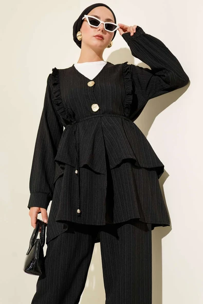 Metal Düğmeli Krinkıl İkili Takım Siyah - Resim 2