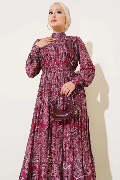 Karışık Desenli Kuşaklı  Elbise Bordo - Resim 2