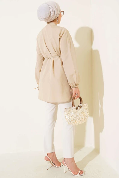 Brit Düğmeli Nervürlü Tunik Latte - Resim 3