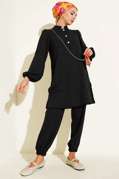Taş Düğmeli İkili Takım Siyah ürün görseli 1