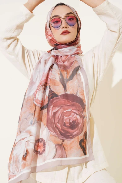 Gül Şerit Geçişli Şal Açık Vizon ürün görseli 1