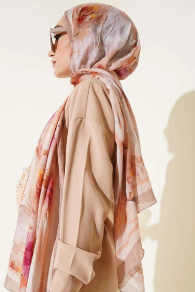 Flower Desen Bambu Kraş Şal Kum Bej - Resim 3