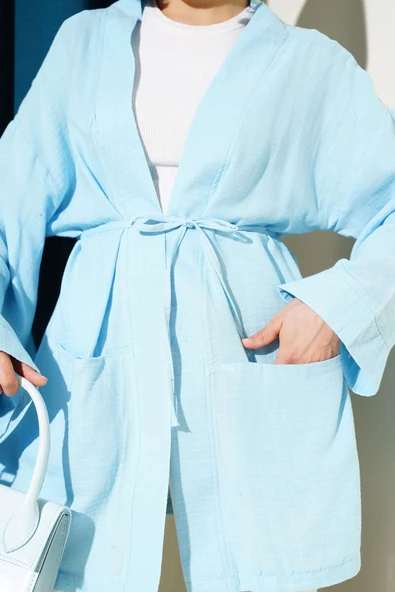 Müslin Belden Bağlamalı Kimono Mavi - Resim 4