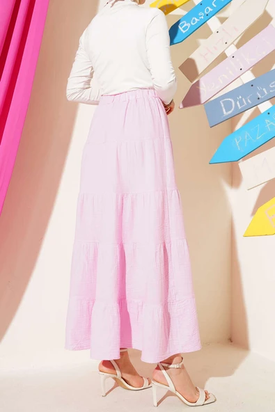 Bel Lastikli Kat Kloş Etek Pembe - Resim 3