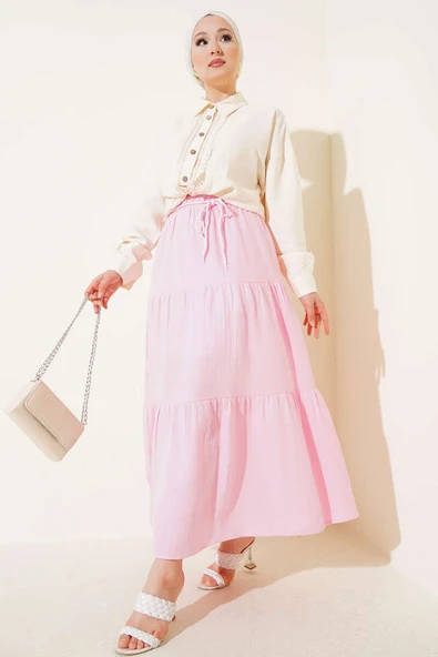 Garnili İp Kuşaklı Etek Pembe - Resim 2