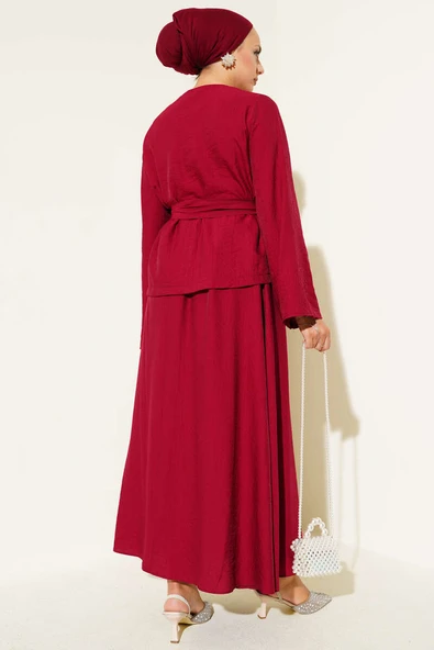 Belden Bağlamalı Etekli İkili Takım Bordo - Resim 3
