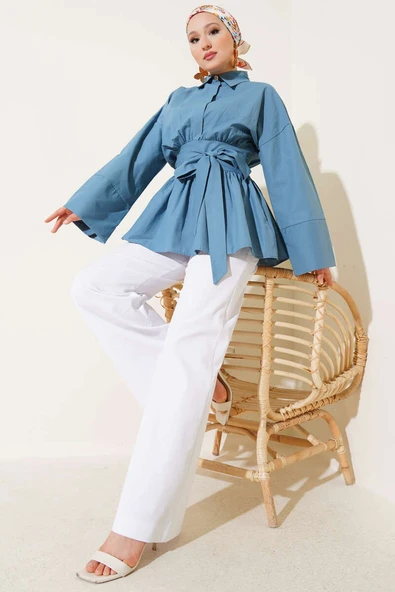 Kuşak Büzgülü Yarım Düğmeli Tunik Indıgo - Resim 2