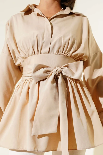 Kendinden Kuşaklı Önü Büzgülü Tunik Latte - Resim 4