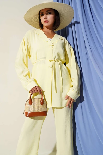 Bebe Yaka İp Kuşaklı İkili Takım Sarı - Resim 2