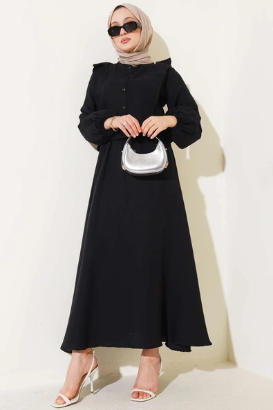 Fırfırlı Düğmeli Etekli Müslin İkili Takım Siyah ürün görseli 1