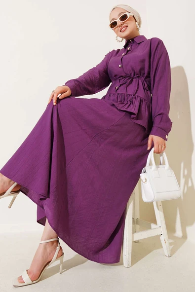 Metal Düğmeli Fırfırlı Etekli İkili Takım Magenta ürün görseli 1