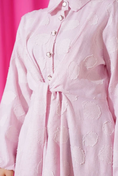 Benekli Yarım Düğmeli Elbise Pembe - Resim 4