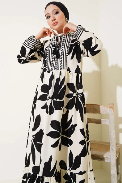 Yaka Fırfır Bağcıklı Desenli Elbise Siyah - Resim 2