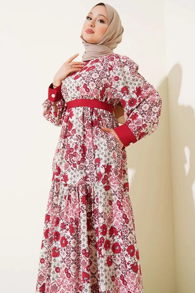 Mini Çiçek Desenli Elbise Bordo - Resim 2