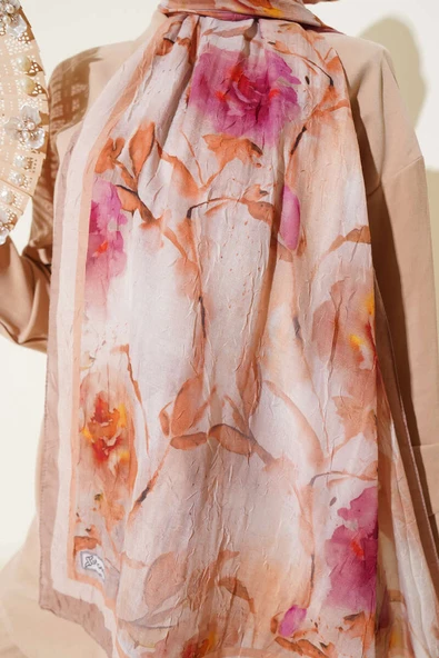 Flower Desen Bambu Kraş Şal Kum Bej - Resim 4