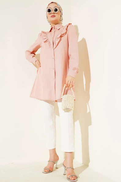 Önü Fırfır Taş Şerit Geçişli Düğmeli Gömlek Pudra - Resim 2