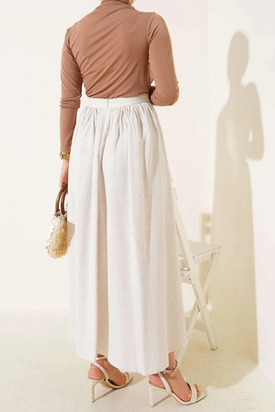 Kloş Fermuarlı Etek Bej - Resim 3