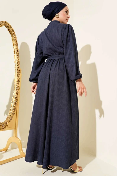 Bel Kuşaklı Krinkıl Elbise Lacivert - Resim 3