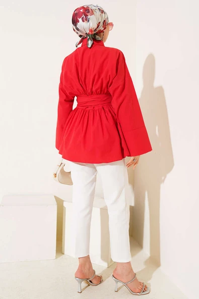 Kendinden Kuşaklı Önü Büzgülü Tunik Kırmızı - Resim 3