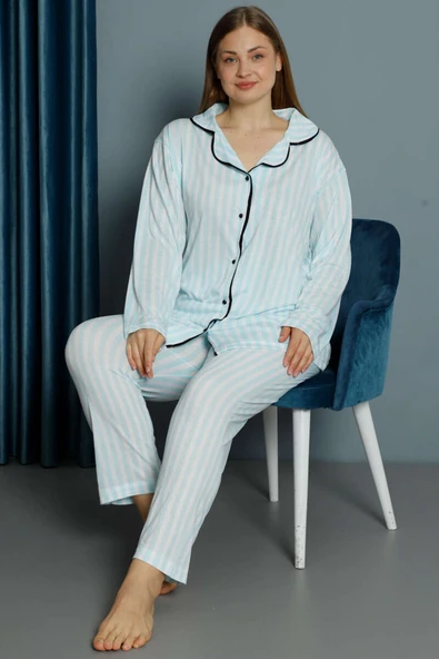 Çizgili Uzun Kol Büyük Beden Pijama Takım Mint - Resim 2