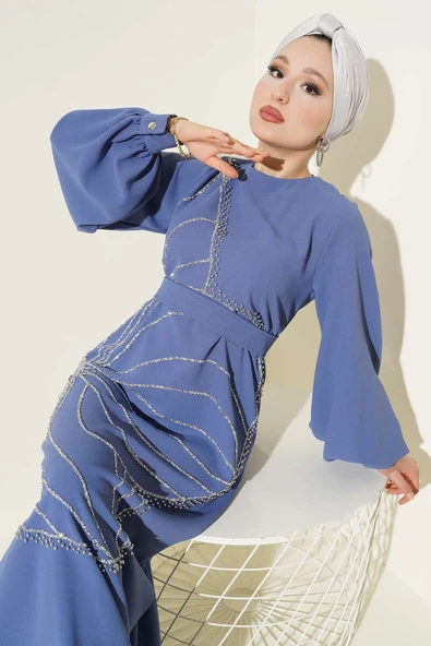 Taş Çiçek Süslümeli Abiye Elbise İndigo ürün görseli 1