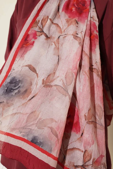 Flower Desen Bambu Kraş Şal Bordo - Resim 4