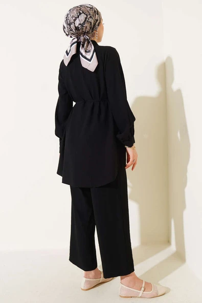 Gömlek Yaka Bel İp Kuşaklı İkili Takım Siyah - Resim 3