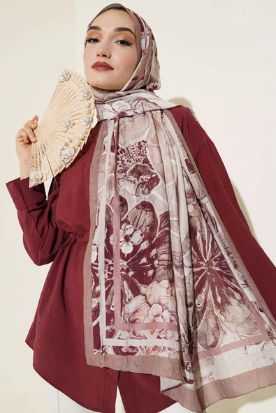 Şerit Geçişli Otantik Desenli Şal Açık Kahve - Resim 2