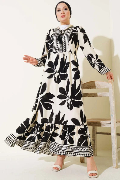 Yaka Fırfır Bağcıklı Desenli Elbise Siyah ürün görseli 1