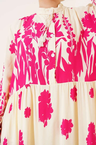 Yaka Bağcıklı Desenli Elbise Fusya - Resim 4