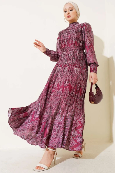 Karışık Desenli Kuşaklı  Elbise Bordo ürün görseli 1