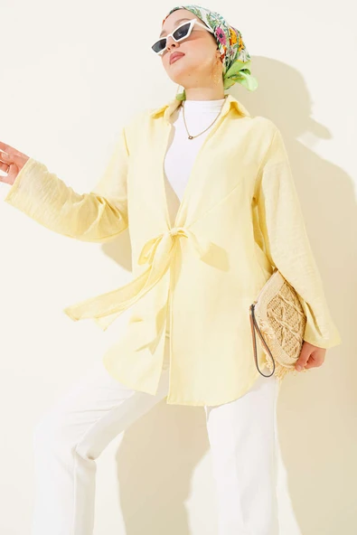 Önü Bağlama Detaylı Keten Kimono Sarı ürün görseli 1