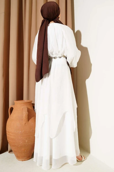 Gümüş Kemerli Etekli İkili Takım Ekru - Resim 3