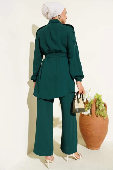 Belden Bağlamalı Omuz Düğmeli İkili Takım Zümrüt - Resim 3