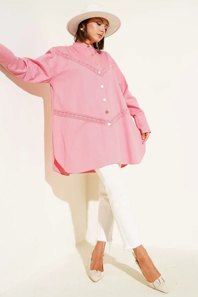 Dantel Detaylı Gömlek Pudra - Resim 2