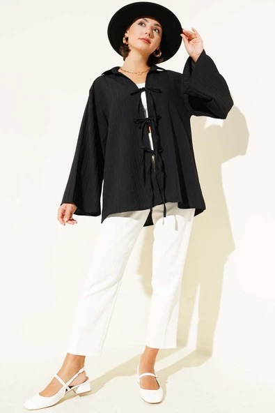 Çizgi Kabartmalı Önden Bağlamalı Kimono Siyah - Resim 2