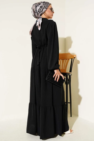 Yarım Piliseli Düğmeli Elbise Siyah - Resim 3