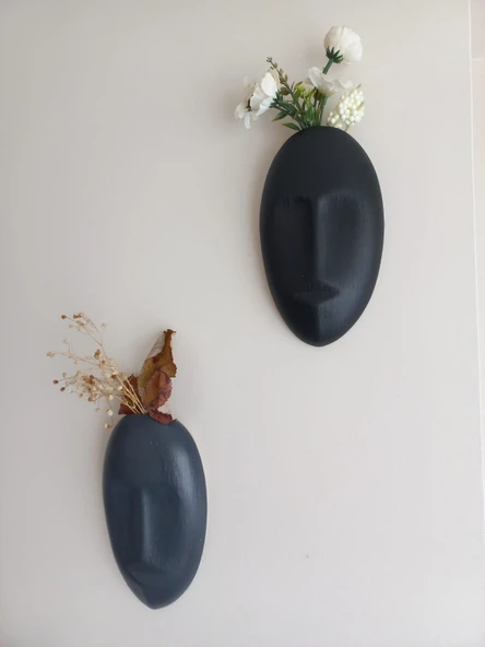 Dekoratif 2'li Yüz Duvar Vazosu, Duvar Süsü ,Heykel Aksesuar Siyah Antrasit Maske - Resim 4