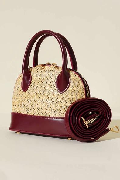 Hasır Detaylı Mini Çanta Bordo ürün görseli