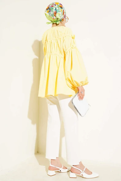Çiçek Detaylı Kol Lastikli Tunik Sarı - Resim 3