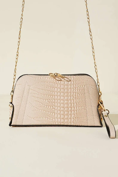 Fermuarlı Zincir Askılı Çanta Krem - Resim 2