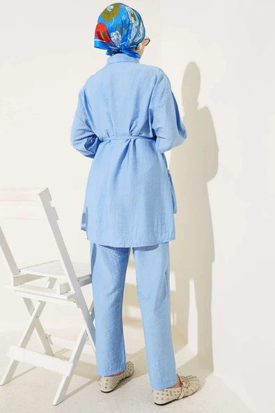 Eteği Fırfırlı İp Kuşaklı İkili Takım Mavi - Resim 3